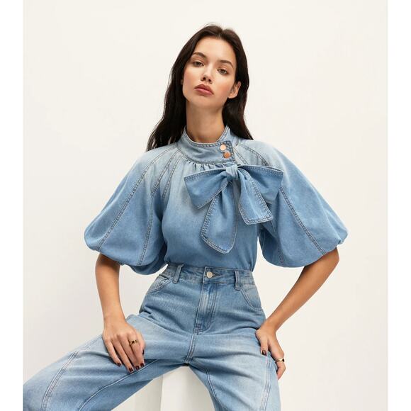 Commense Tops - NWT Commense Denim Puff-Sleeve Top With Bow Detail Sz L